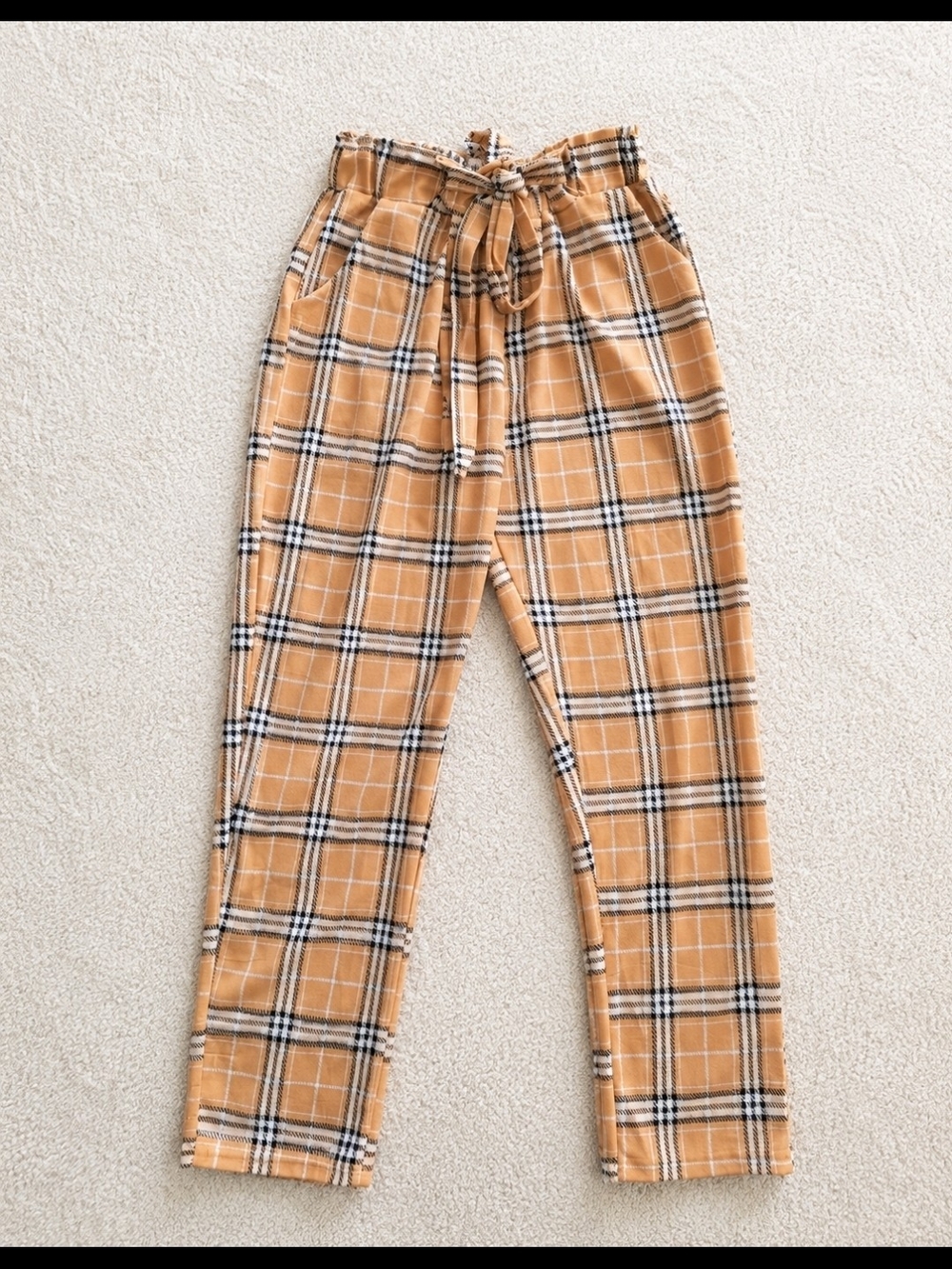 Plaid Paperbag Waist Pants - Orange